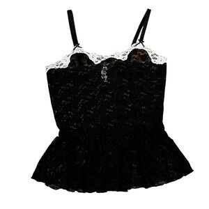 Cabernet Black Floral Lace Peplum Camisole Top S Black White Trim Bows Coquette